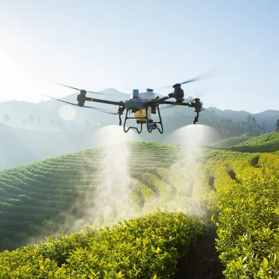 Drone agrícola pulverizando lavoura sob o sol forte. Tecnologia avançada para aplicação precisa de defensivos e fertilizantes, otimizando o trabalho no campo.